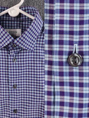 Eton Blue Purple All Cotton Check Romania Slim Large York Premium Shirt Men